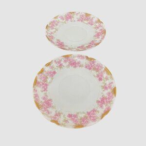 Antique GDA Limoges France Scalloped Edged Round Cup Sauce Pink Floral Saucer Pl